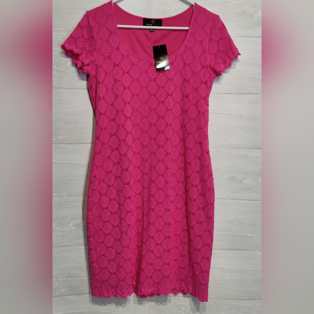 Ronni Nicole Hot Pink Eyelet Short Sleeve Sheath Dress